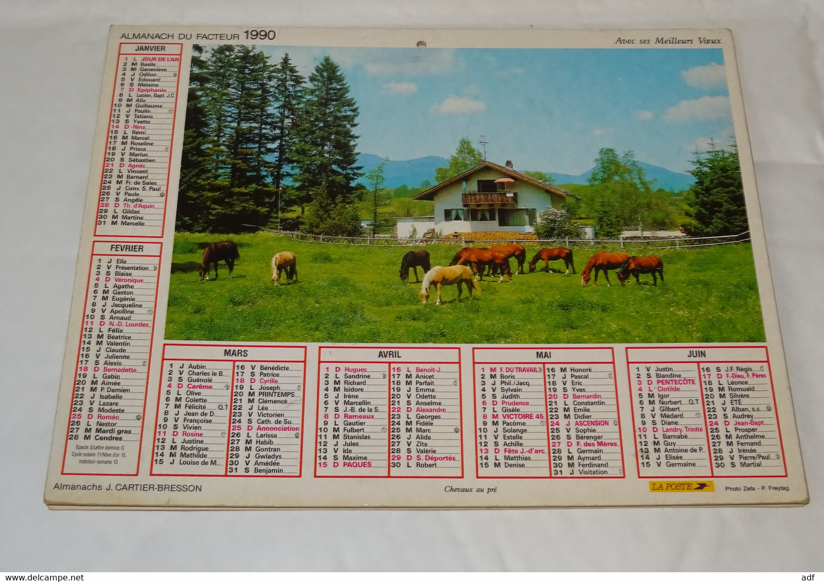 1990 CALENDRIER ( Double ) ALMANACH DU FACTEUR, LA POSTE, JUMENT ET SON POULAIN, CHEVAUX AU PRE, CARTIER BRESSON, VAR 83 - Big : 1981-90