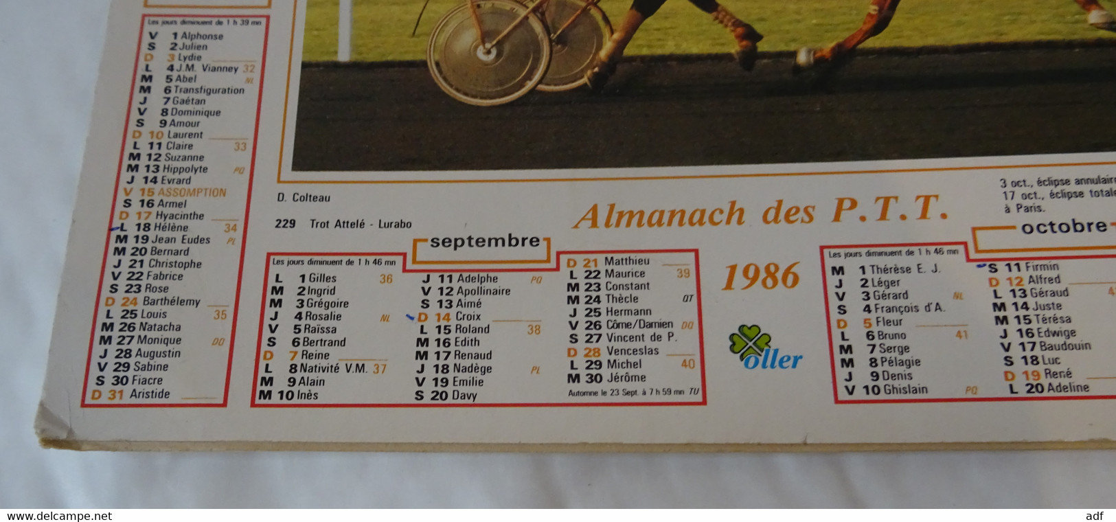 1986 CALENDRIER ALMANACH DES PTT, EQUIPE DE FRANCE FOOT CHAMPIONNE D'EUROPE 1984, LURABO CHEVAL TROT, OLLER, ARDENNES 08 - Tamaño Grande : 1981-90