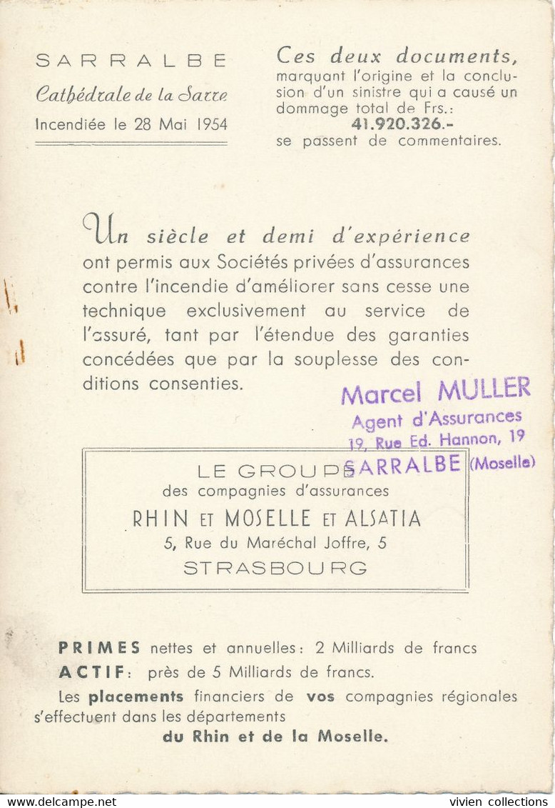 Sarralbe (57 Moselle) Catastrophe - La Cathédrale De La Sarre Incendiée Le 28 Mai 1954 Carte Commerciale Assureur Muller - Sarralbe