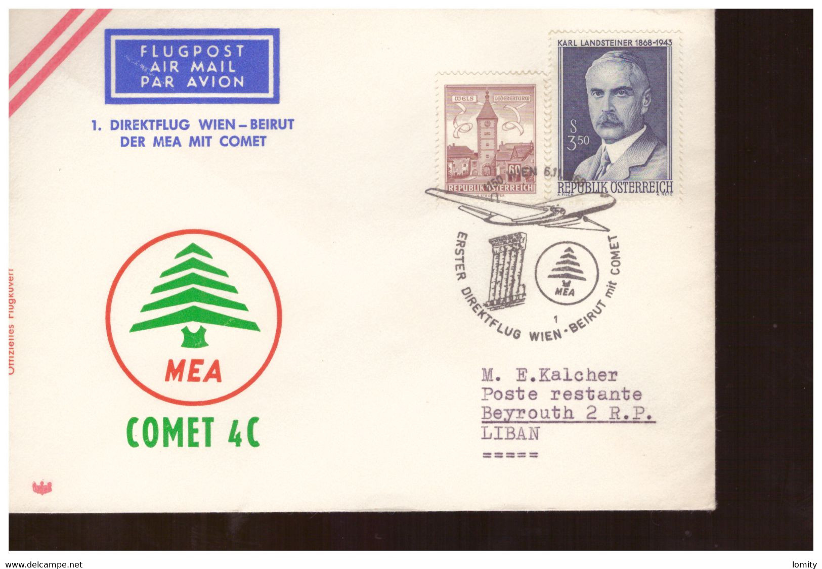 Avion Aviation Lettre 1968 Vol Direct Autriche Liban Vienne Beyrouth  Flugpost Direktflug Wien Beirut Mit Comet - Airplanes