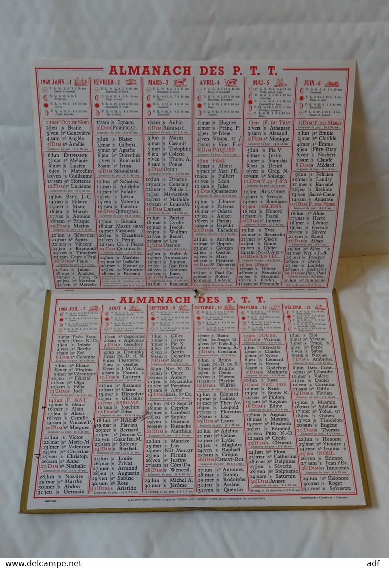 1969 CALENDRIER ALMANACH DES PTT, RENNES, JARDIN DES PLANTES, OBERTHUR, ARDENNES 08 - Big : 1961-70