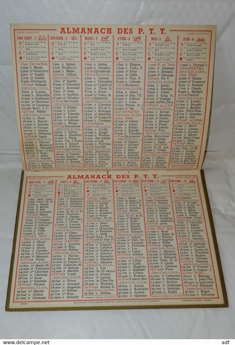 1968 ANNEE BISSEXTILE CALENDRIER ALMANACH DES PTT, EQUITATION, CAVALIERE, OBERTHUR, MARNE 51 - Tamaño Grande : 1961-70