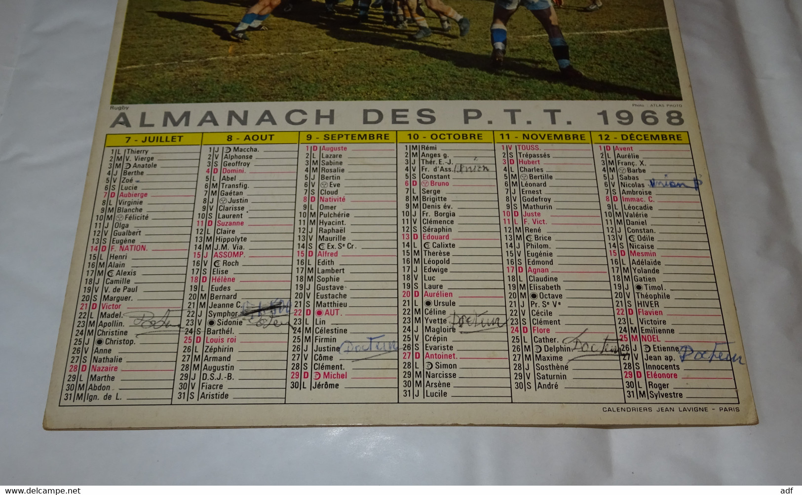 1968 ANNEE BISSEXTILE CALENDRIER ALMANACH DES PTT, TIERCE, RUGBY, LAVIGNE, Format Portrait, MARNE 51 - Tamaño Grande : 1961-70