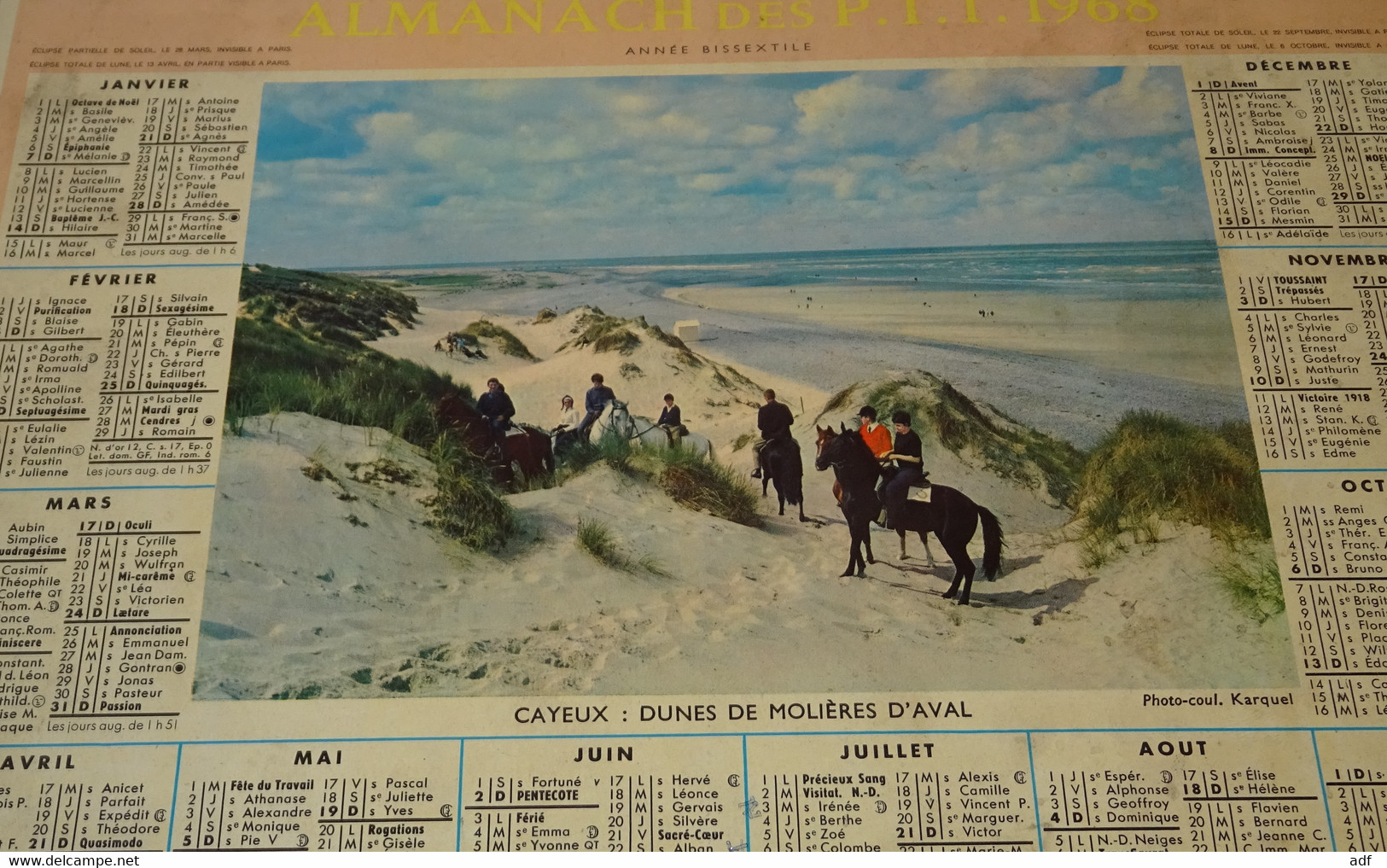 1968 ANNEE BISSEXTILE CALENDRIER ALMANACH DES PTT, CAYEUX : DUNES DE MOLIERES D'AVAL, CAVALIERS, OBERTHUR, ARDENNES 08 - Big : 1961-70