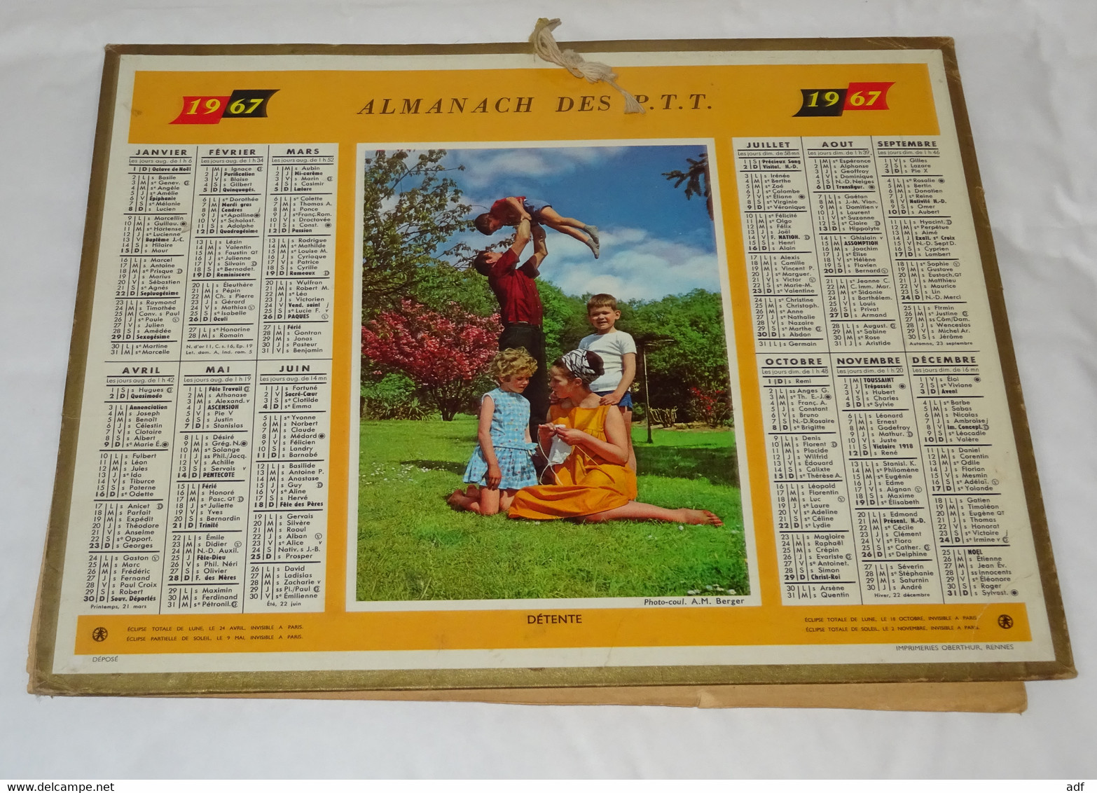 1967 CALENDRIER ALMANACH DES PTT, DETENTE, OBERTHUR, MARNE 51 - Big : 1961-70