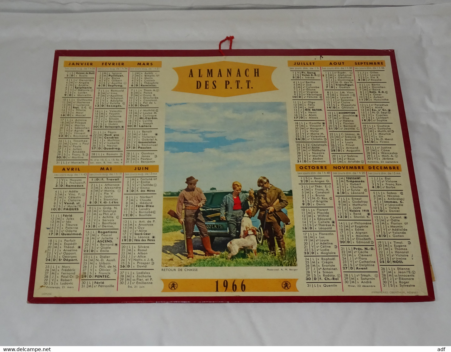 1966 CALENDRIER ALMANACH DES PTT, RETOUR DE CHASSE, OBERTHUR, ARDENNES 08 - Tamaño Grande : 1961-70