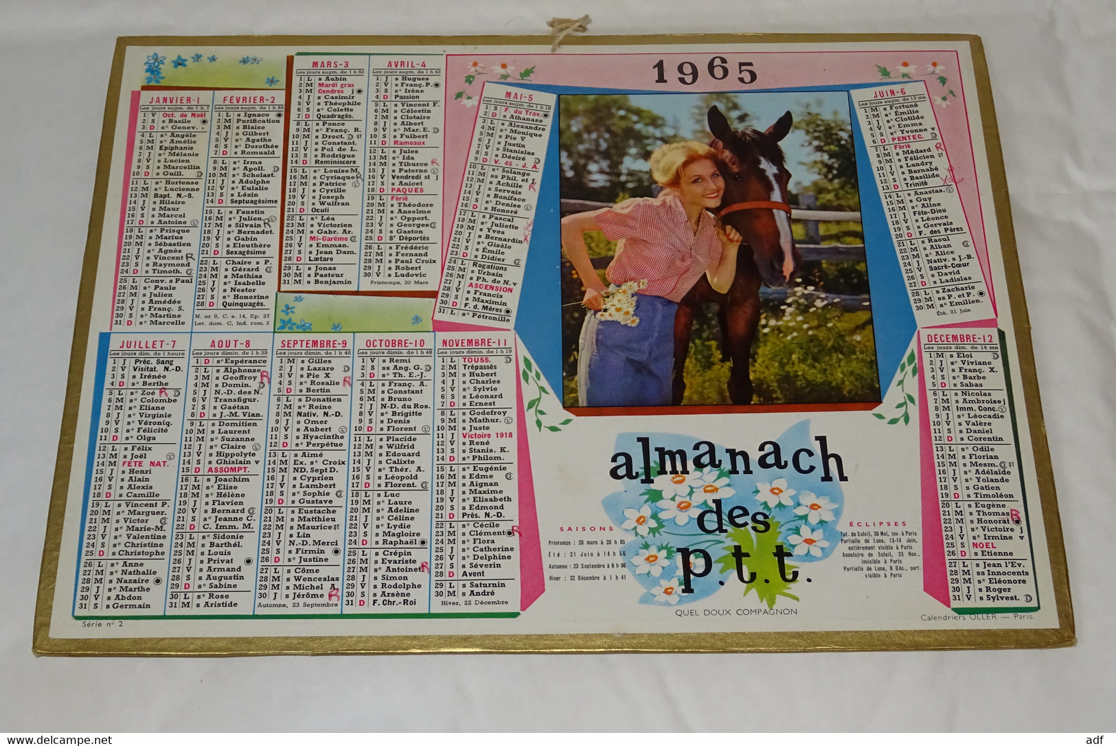 1965 CALENDRIER ALMANACH DES PTT, QUEL DOUX COMPAGNON, FEMME ET CHEVAL, OLLER, ARDENNES 08 - Big : 1961-70