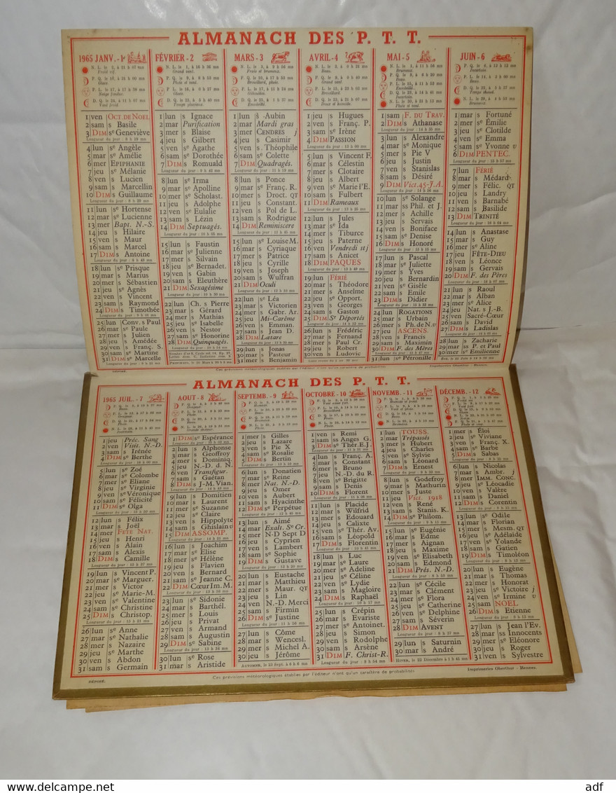 1965 CALENDRIER ALMANACH DES PTT, DEPART POUR LA CHASSE, OBERTHUR, ARDENNES 08 - Tamaño Grande : 1961-70