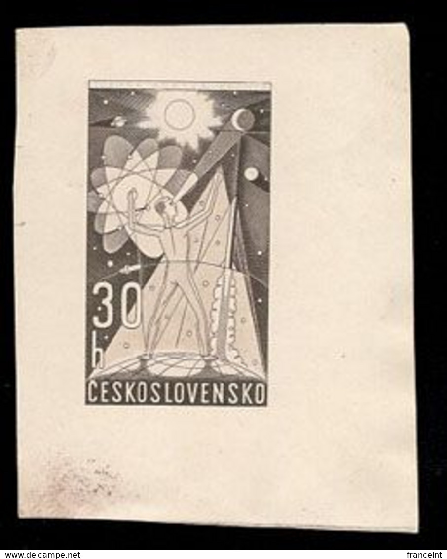 CZECHOSLOVAKIA (1962) Man Before Cosmos: Sun, Planets, Stars, Rocket, Atomic Symbol. Die Proof In Black. Scott 1105 - Proeven & Herdrukken