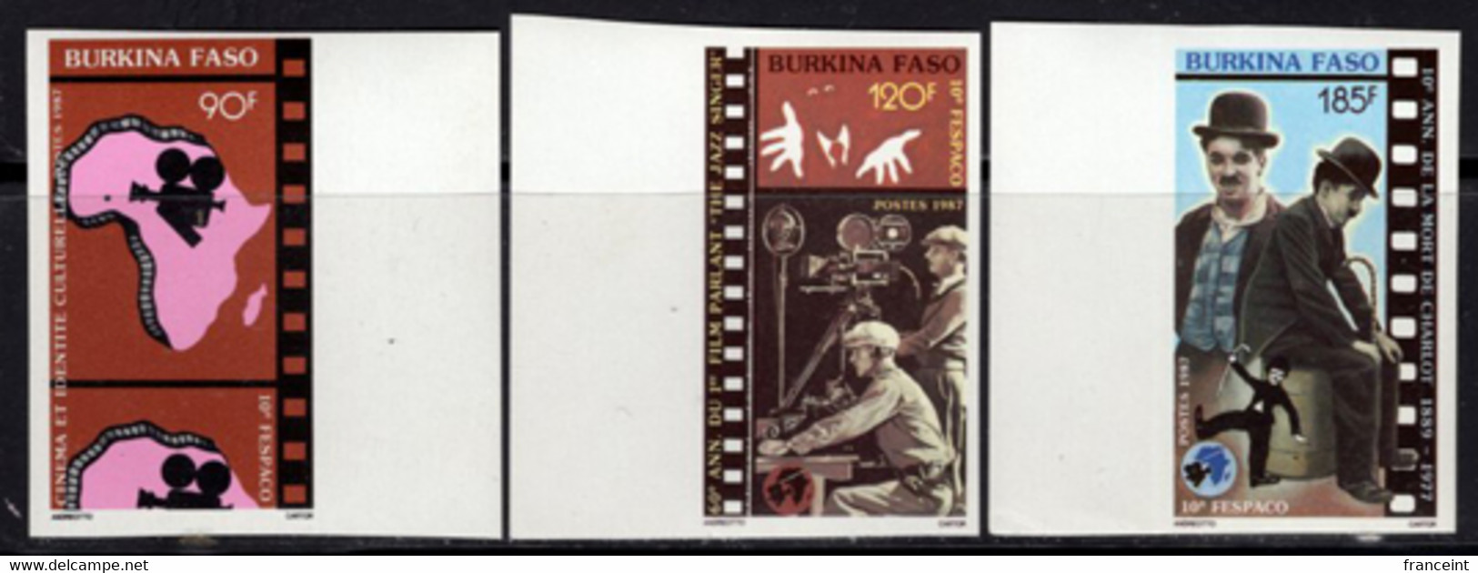 BURKINA FASO (1987) Movie Camera. Film Crew. Charlie Chaplin. Set Of 3 Imperforates. Scott Nos 793-5. - Burkina Faso (1984-...)