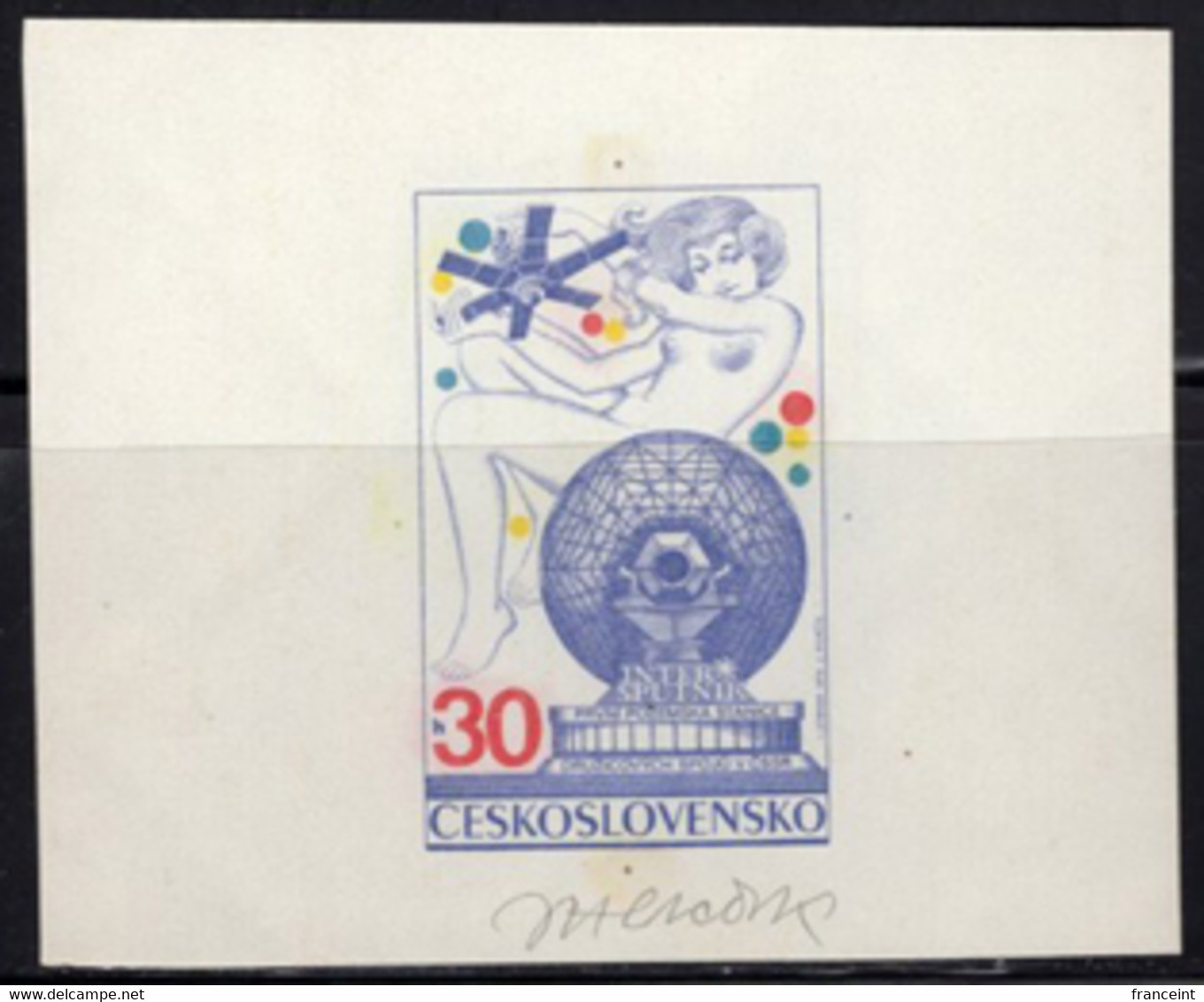 CZECHOSLOVAKIA (1974) Nude Woman Holding Sputnik. Die Proof In Issued Colors Signed By The Engraver MERCIK.  #1936 - Probe- Und Nachdrucke