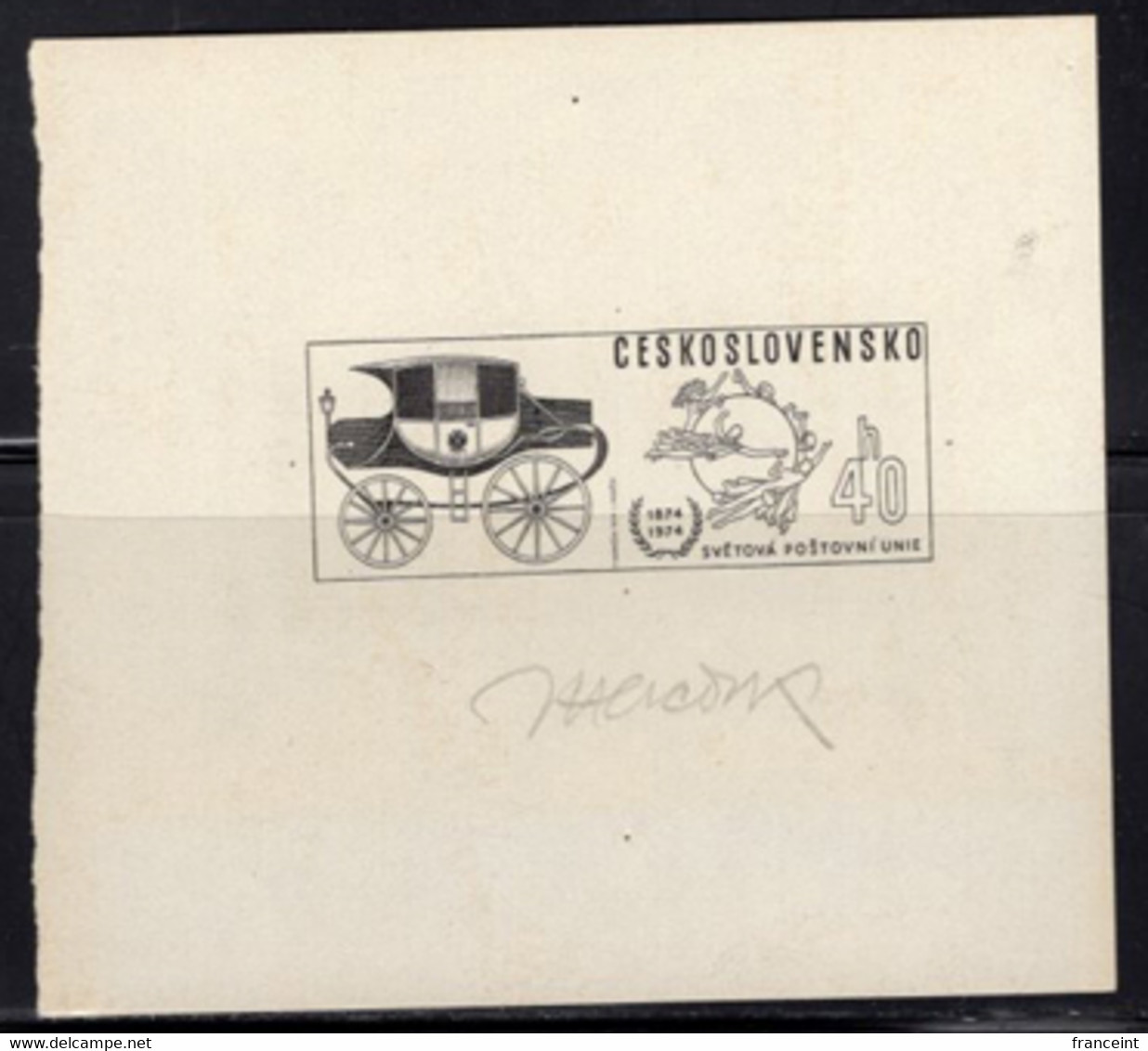 CZECHOSLOVAKIA (1974) Mail Coach. Die Proof In Black Signed By The Engraver MERCIK. UPU Centenary. Scott No 1963. - Probe- Und Nachdrucke