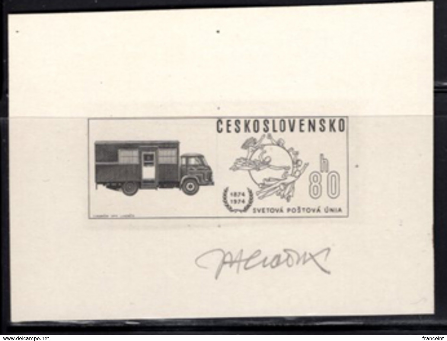 CZECHOSLOVAKIA (1974) Mail Coach. Die Proof In Black Signed By The Engraver MERCIK. UPU Centenary. Scott No 1964. - Essais & Réimpressions