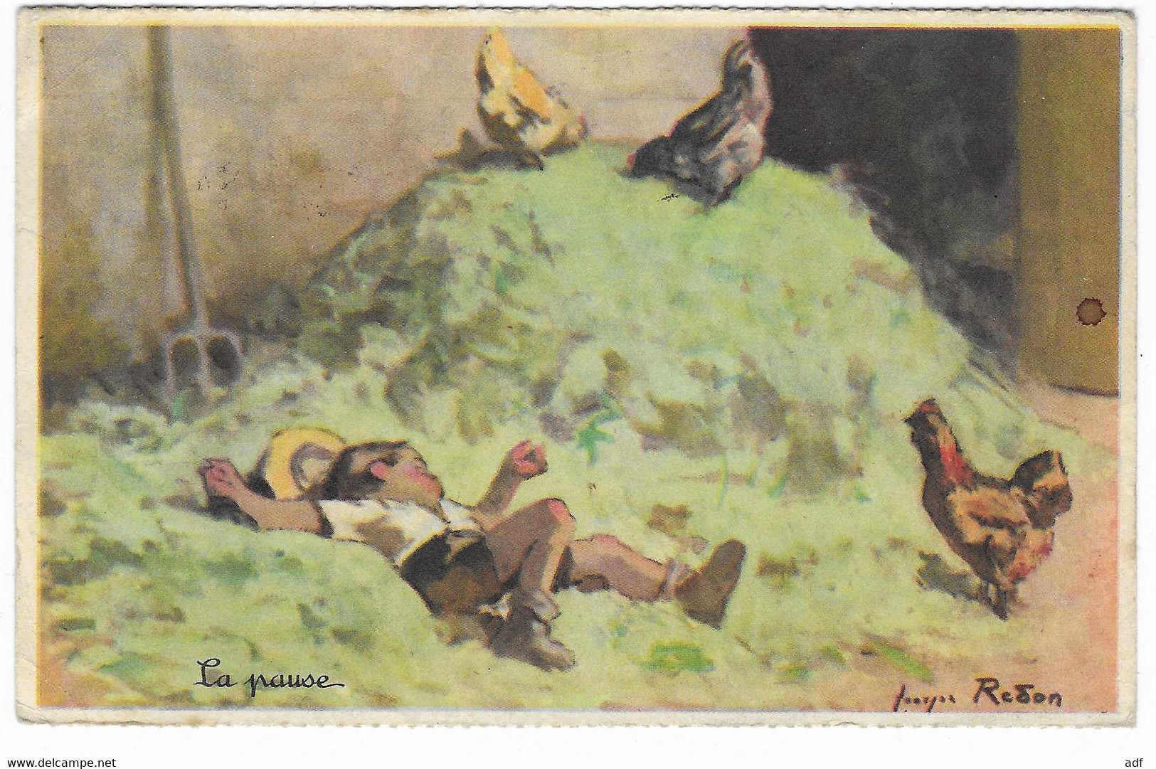 CPSM ILLUSTRATION DE GEORGES REDON, " LA PAUSE ", ENFANT ALLONGE SUR HERBE COUPEE/FOIN, POULES - Redon