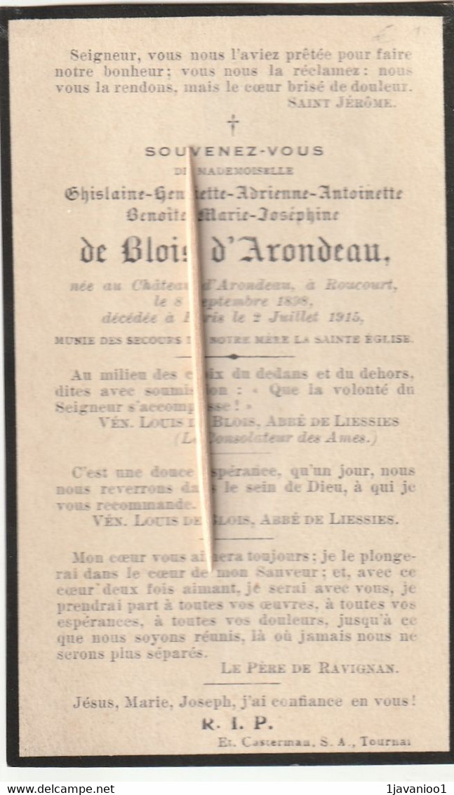 Adel, Noblesse,Ghislaine De Blois D'Arondau, Roucourt, Paris, 1915 - Devotieprenten