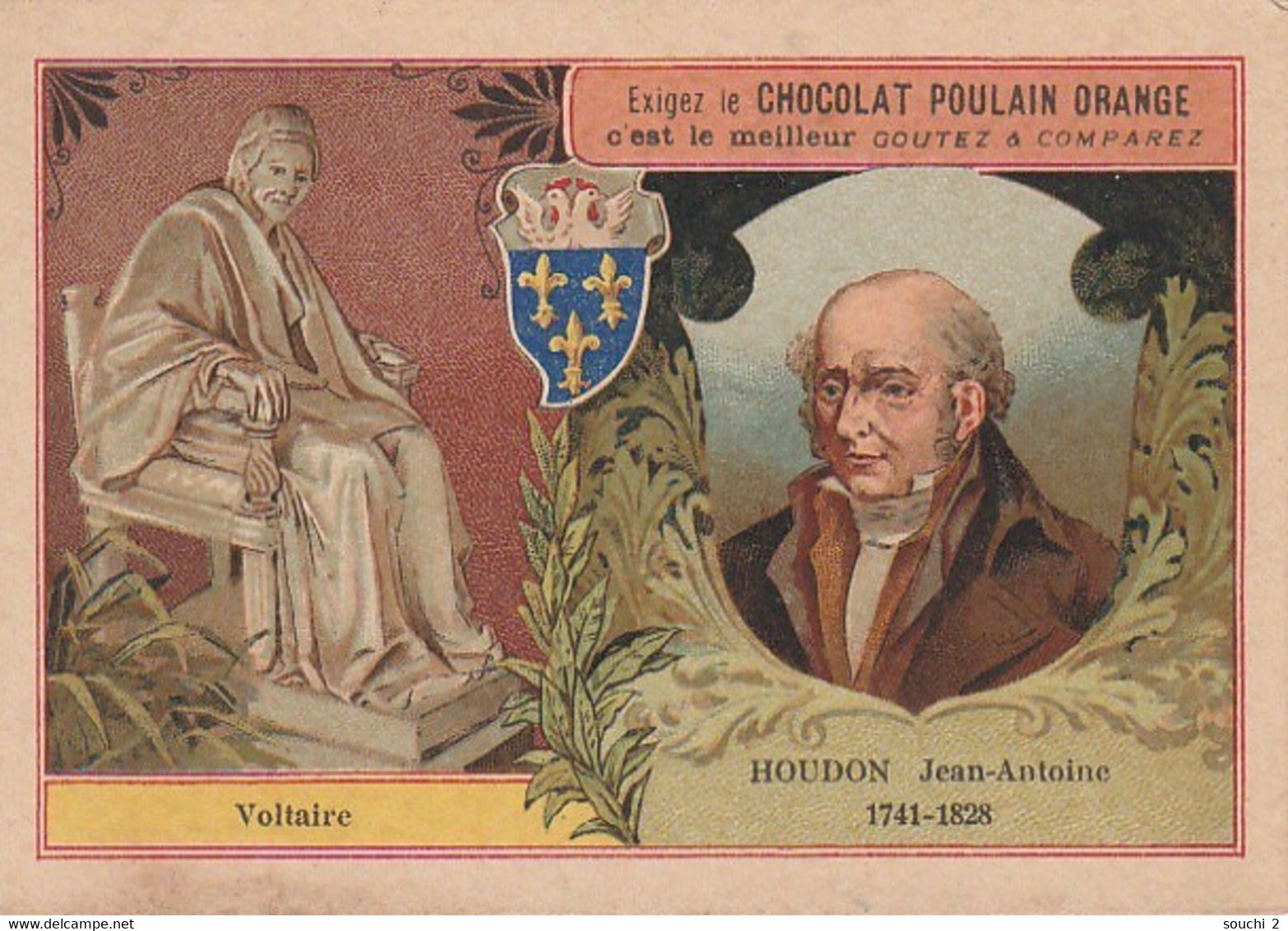 TE 5- " LES SCULPTEURS CELEBRES " - HOUDON , STATUE DE VOLTAIRE - CARTE PUBLICITAIRE CHOCOLAT POULAIN ORANGE - Poulain