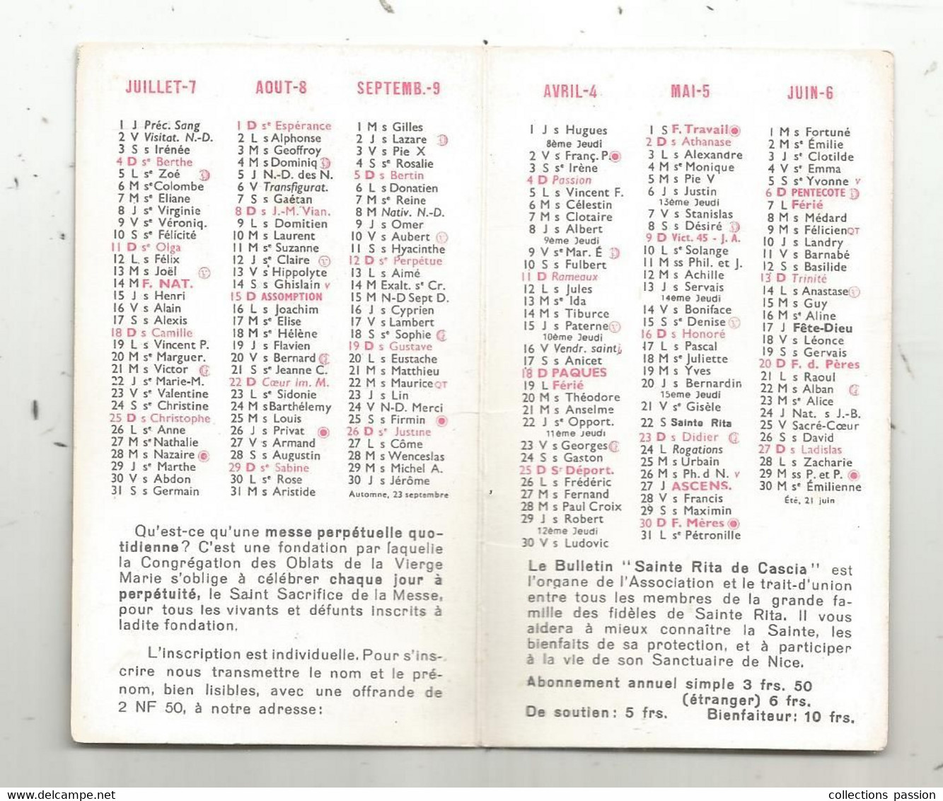 Calendrier , Petit Format , 1965 , 2 Trimestres , Religion , SAINTE RITA DE CASCIA - Kleinformat : 1961-70