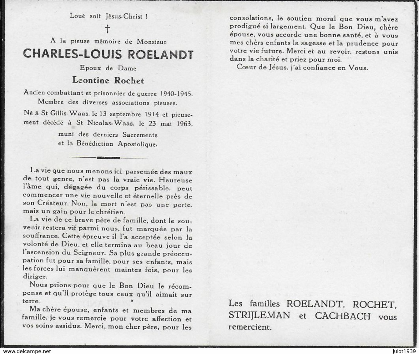 GC .  DOHAN ..-- Mr Charles ROELANDT , époux De Mme Léontine ROCHET , Né En 1914 , Décédé En 1963 à St NICOLAS-WAAS . - Bouillon