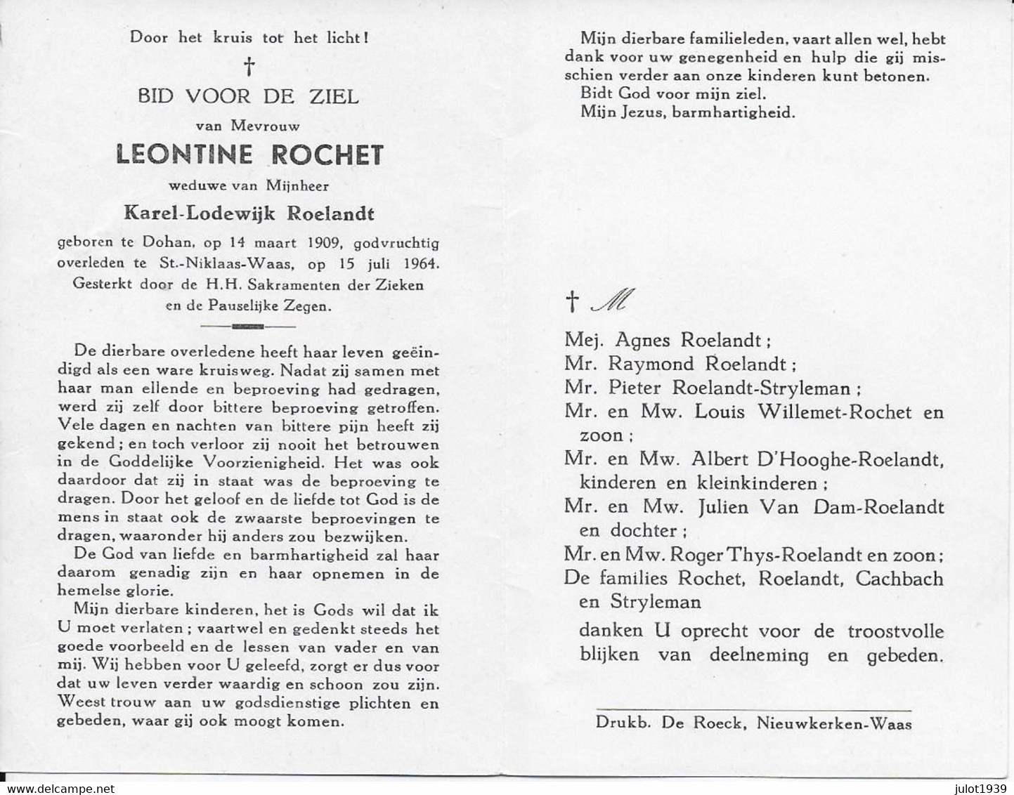 GC  DOHAN ..-- Mme Léontine ROCHET , Veuve De Mr Karel ROELANDT , Née En 1909 , Décédée En 1964 à St NIKLAAS-WAAS . - Bouillon