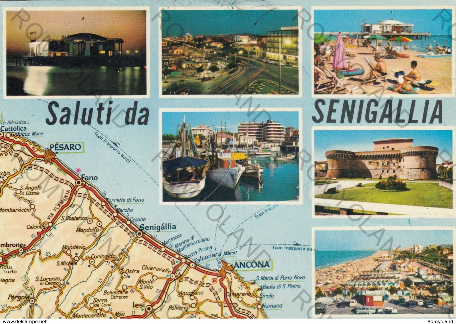 CARTOLINA  SALUTI DA SENIGALLIA,ANCONA,MARCHE,PANORAMA,MARE,SPIAGGIA SOLE,VACANZA ESTATE,BARCHE A VELA,VIAGGIATA 1983 - Ancona