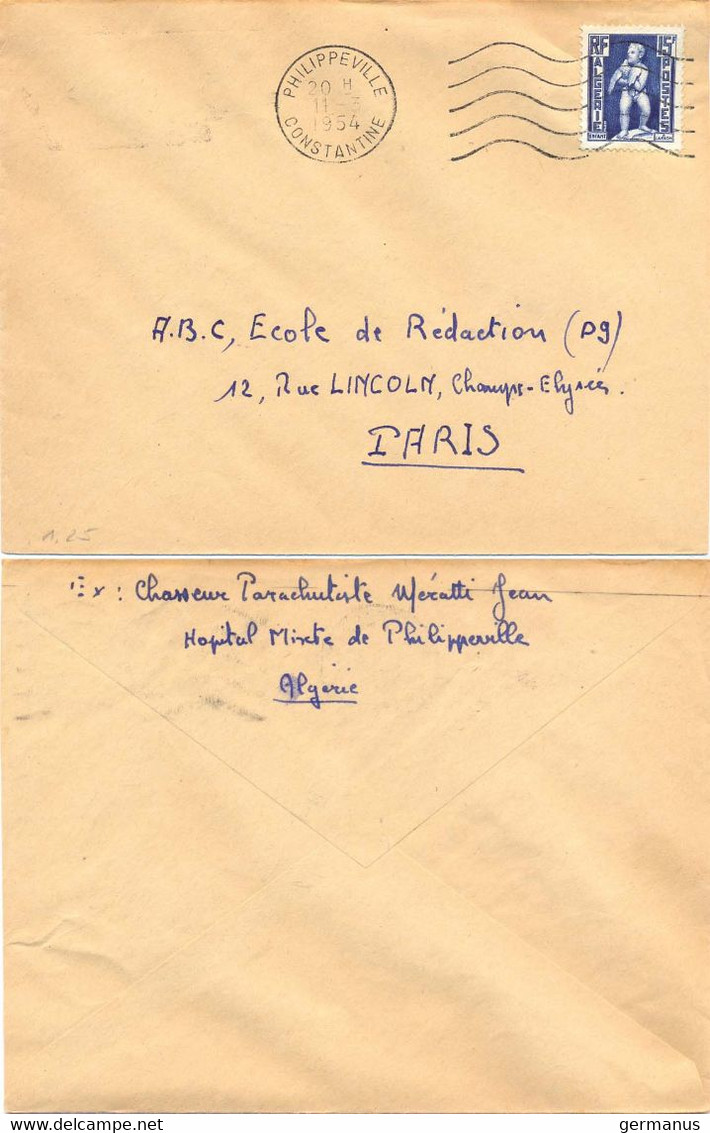 ALGERIE PHILIPPEVILLE CONSTANTINE OMec SECAP FD 5.L.O. M De 11-3-1954 – Envoi De Chasseur Parachutiste HOPITAL MIXTE - Covers & Documents