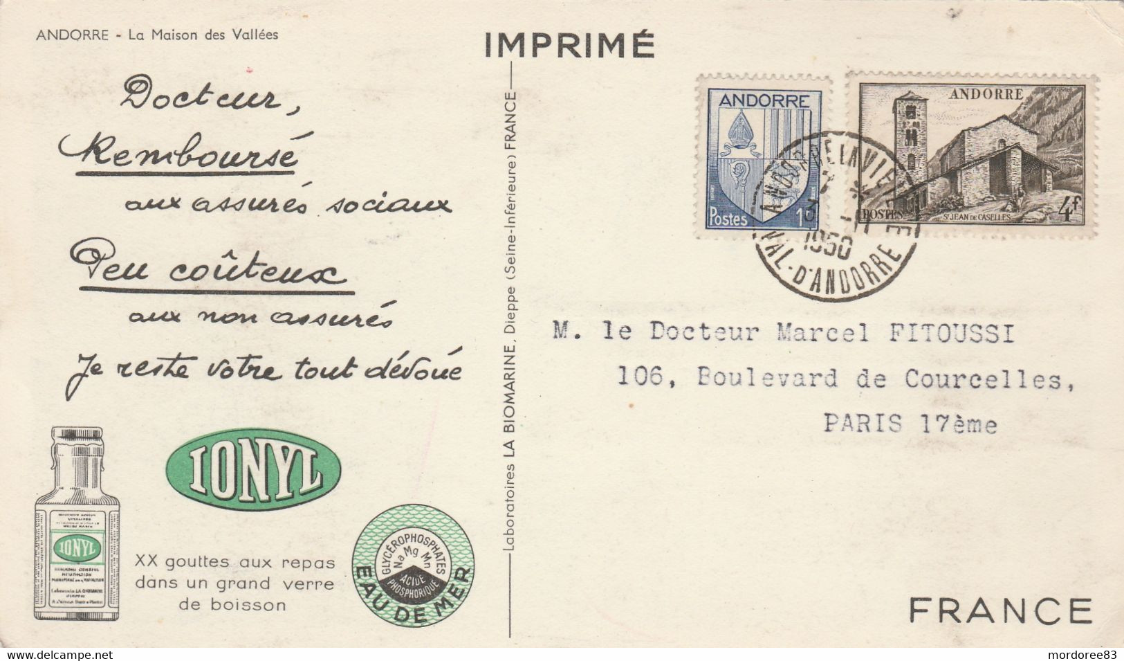 CPA  ANDORRE 1950 PUB  IONYL POUR PARIS FRANCE - Gebraucht