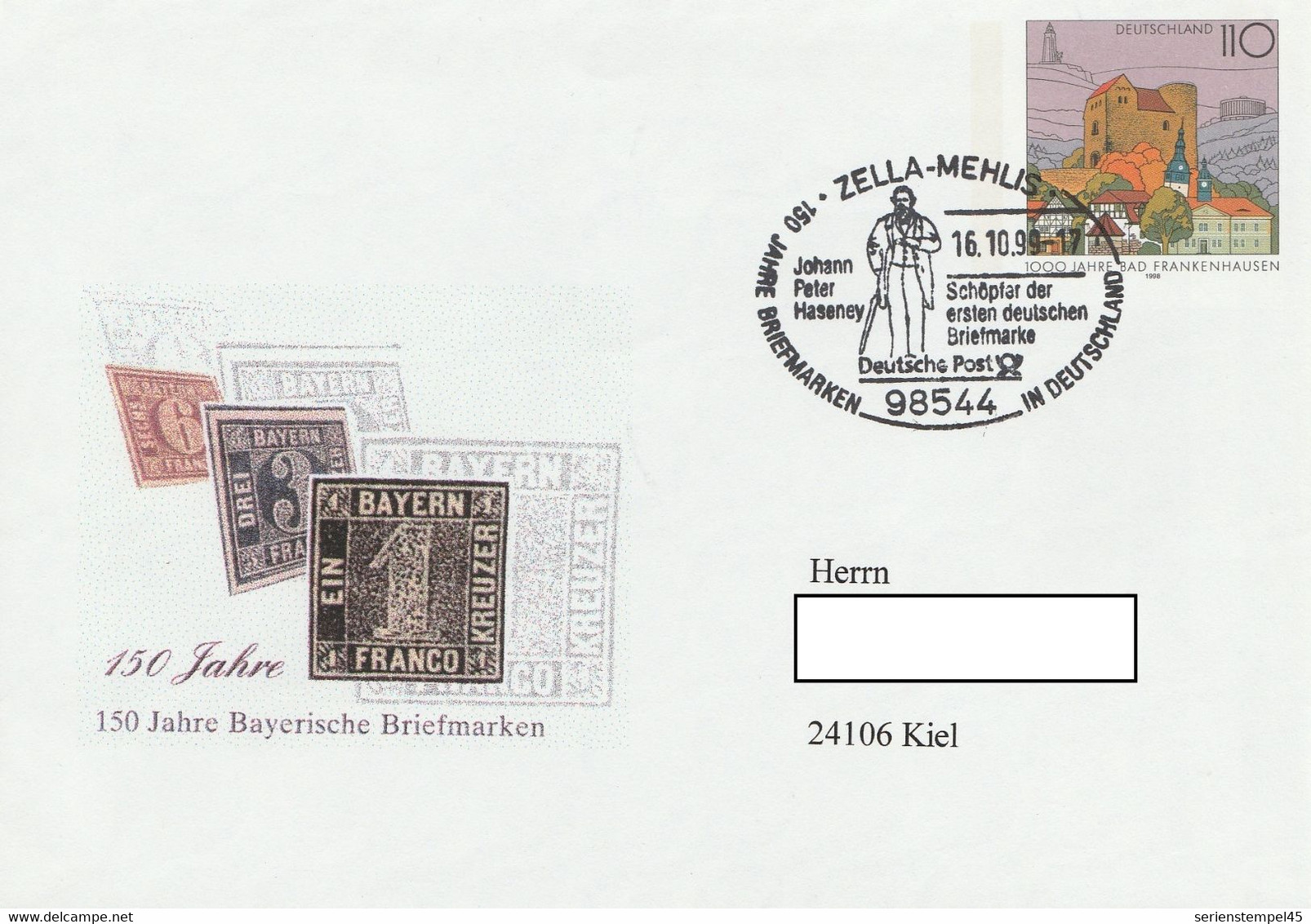 Deutschland Ganzesache Umschlag Bad Frankenhausen Mit Privatenzudruck Zella Mehlis 1999 150 Jahre Bayerische Briefmarken - Enveloppes Privées - Oblitérées