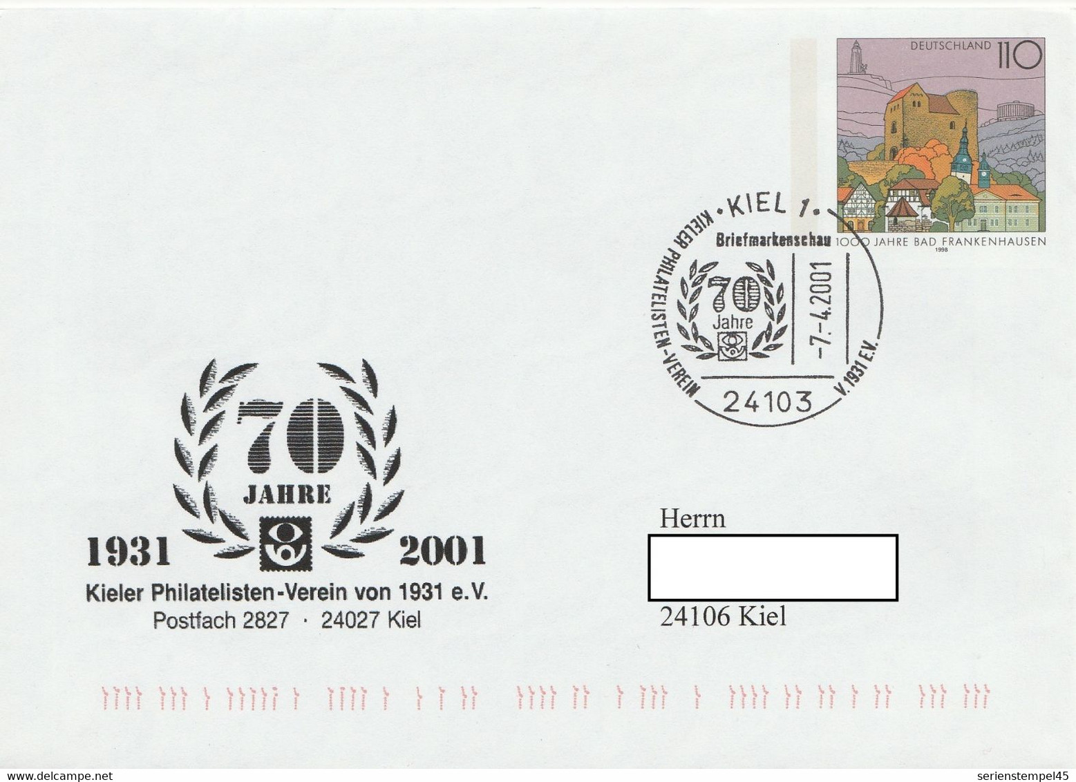 Deutschland Ganzsache Umschlag Bad Frankenhausen Mit Privatenzudruck Kiel 2001 70 Jahre Kieler Verein - Private Covers - Used