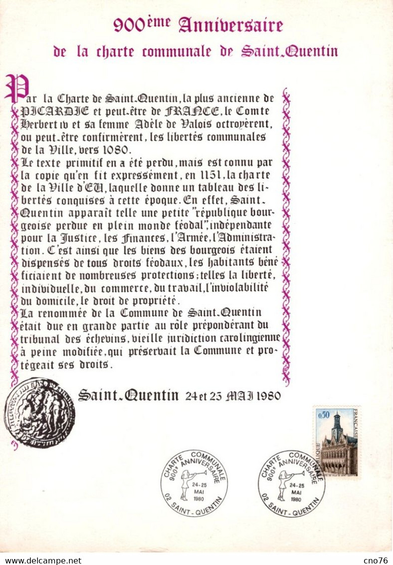 Saint-Quentin 900 ème Anniversaire De La Charte Communale 24 Et 25 Mai 1980 Encart Philatélique - Other & Unclassified