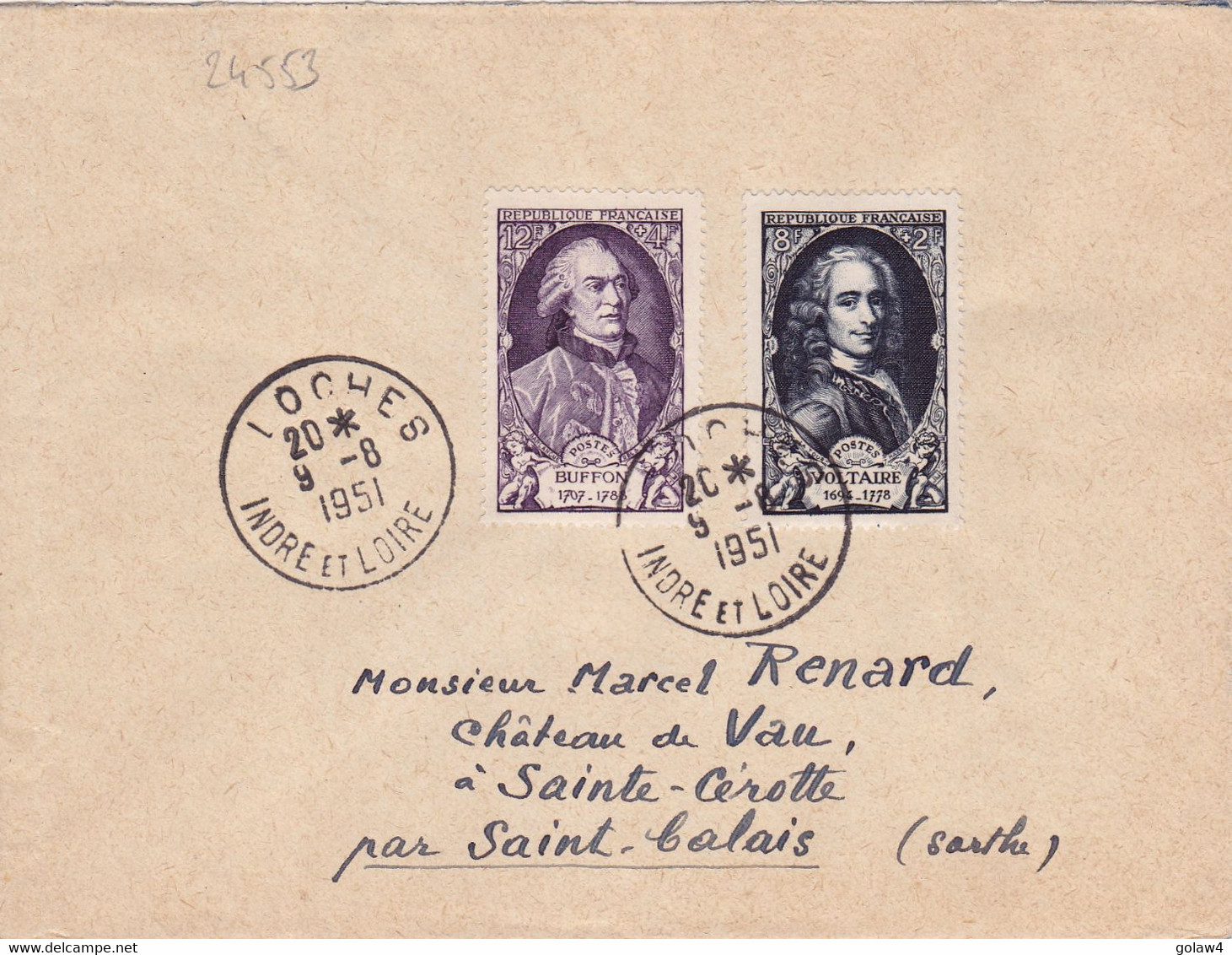 24553# VOLTAIRE ECRIVAIN N°854 BUFFON NATURALISTE N°856 LETTRE LOCHES INDRE ET LOIRE 1951 STE CEROTTE ST CALAIS SARTHE - 1921-1960: Periodo Moderno