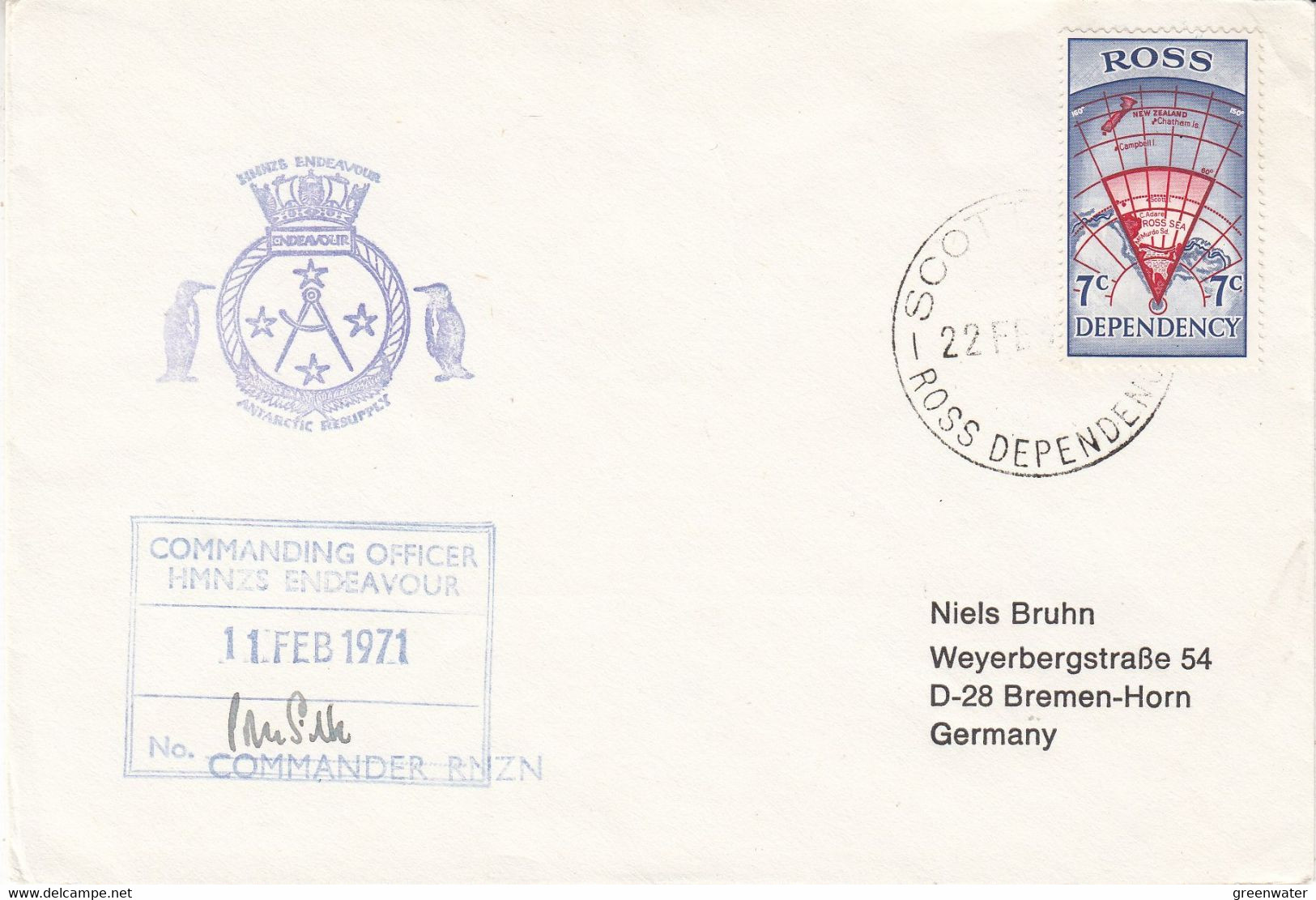 Ross Dependency 1971 Cover Scott Base Ca  22 FE 1971 (52365) Si Cd Officer HMNZS Endeavour - Otros & Sin Clasificación