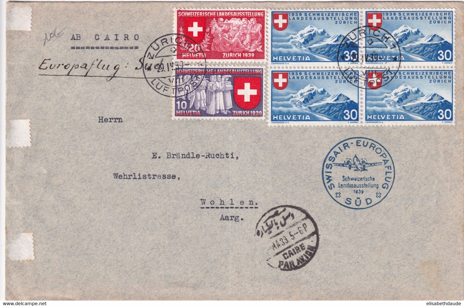 1939 - SUISSE - ENVELOPPE SWISSAIR "EUROPAFLUG" De ZÜRICH => LE CAIRE (EGYPTE) ! - Autres & Non Classés