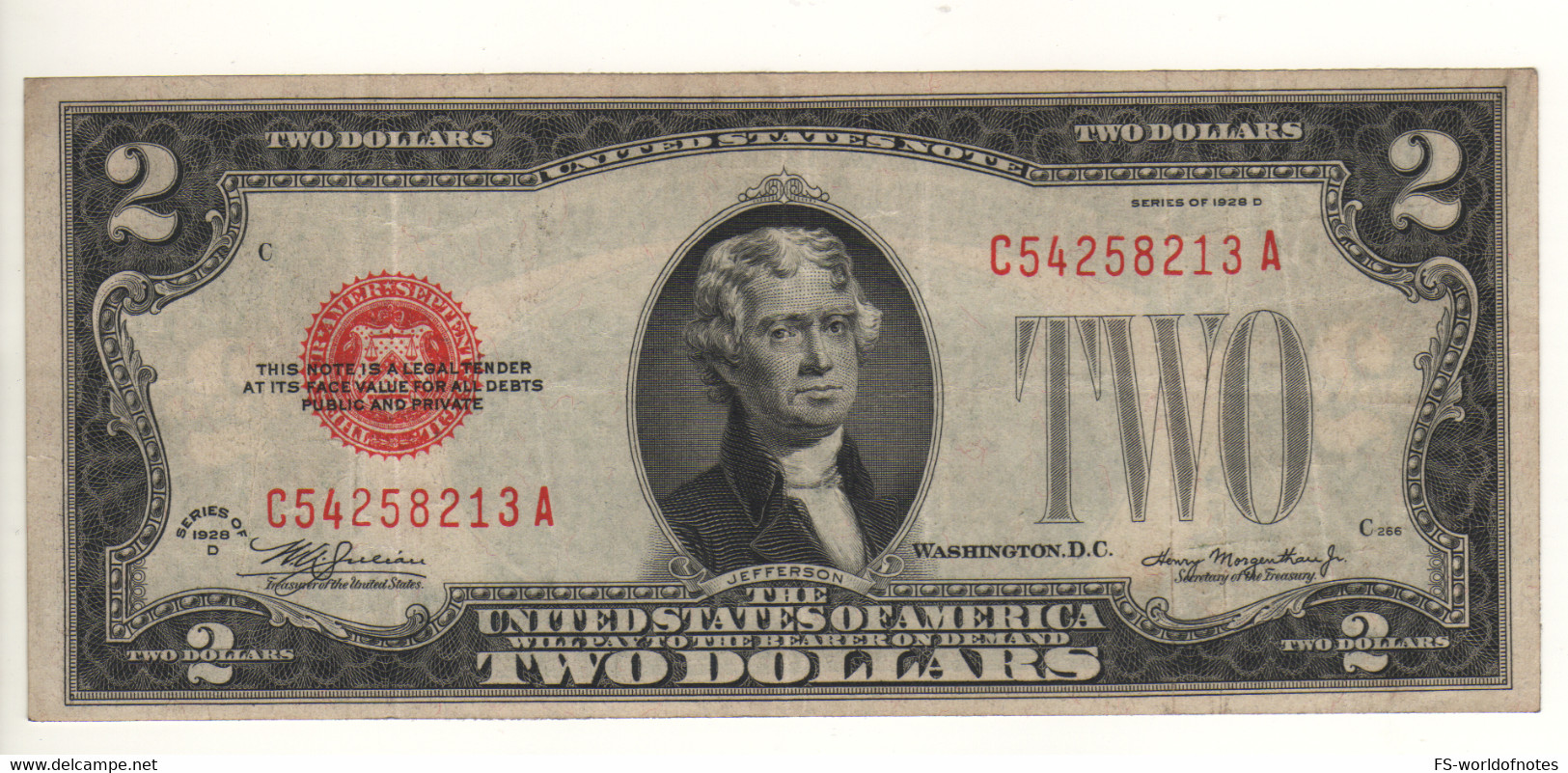 USA   $2 Bill  (dated 1928)  ,   RED SEAL   Serie  1928 D   (FR1505 -  P378d)   XF - Federal Reserve (1928-...)