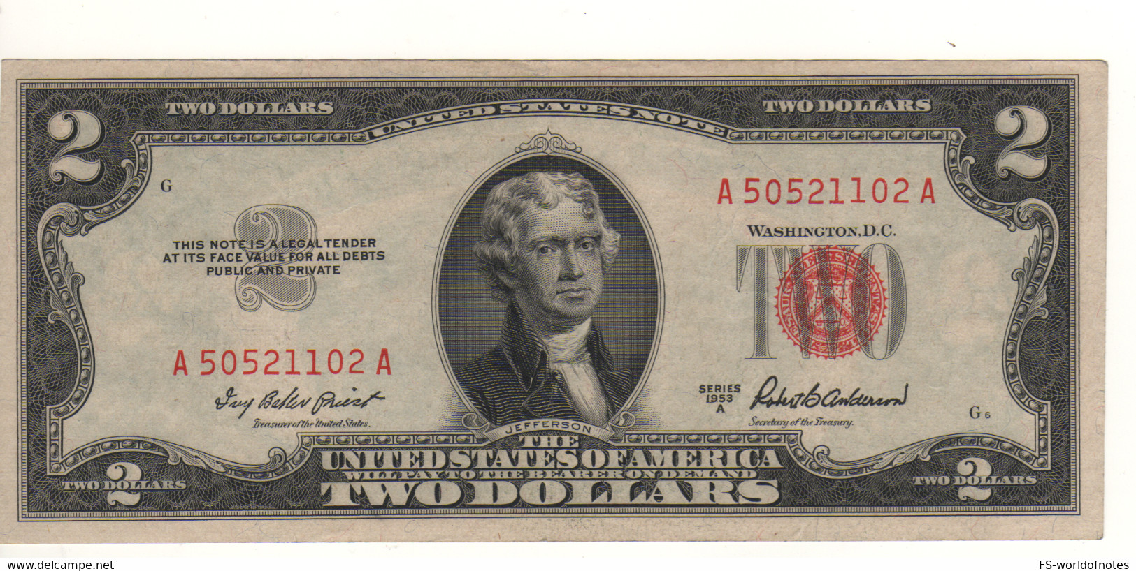 USA   $2 Bill  (dated 1953 A)  ,   RED SEAL   Serie  1953 A   (FR1511 -  P380a)   XF - Federal Reserve (1928-...)