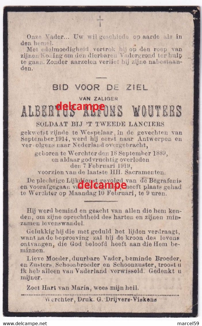 Oorlog Guerre Albert Wouters Werchter Soldaat 2 Lansiers Lancers Gesneuveld In De Strijd Te Wespelaar 1914 - Devotieprenten