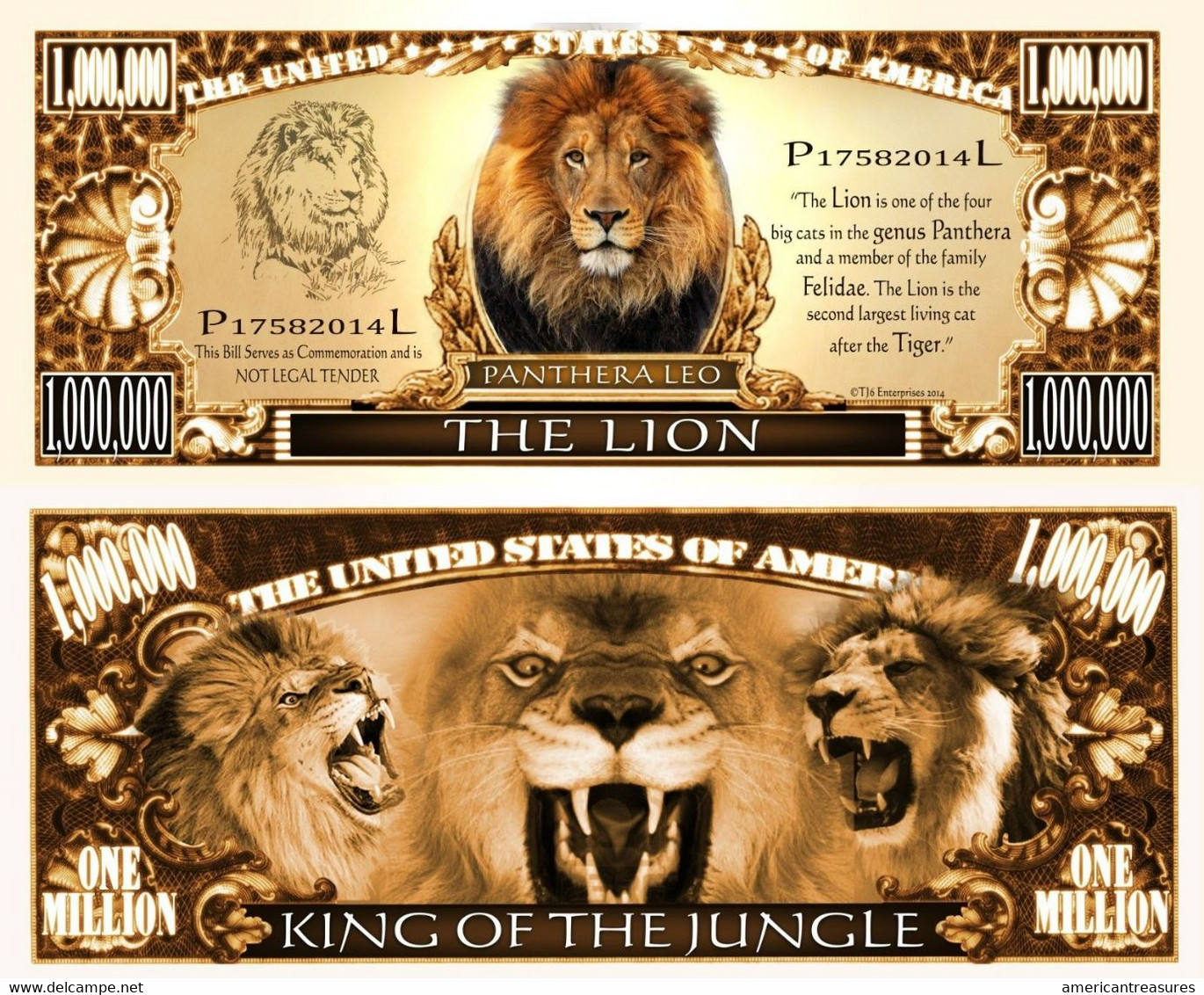 USA 1 Million Dollar Novelty Banknote LION (King Of The Jungle) NEW - UNCIRCULATED & CRISP - Sonstige – Amerika