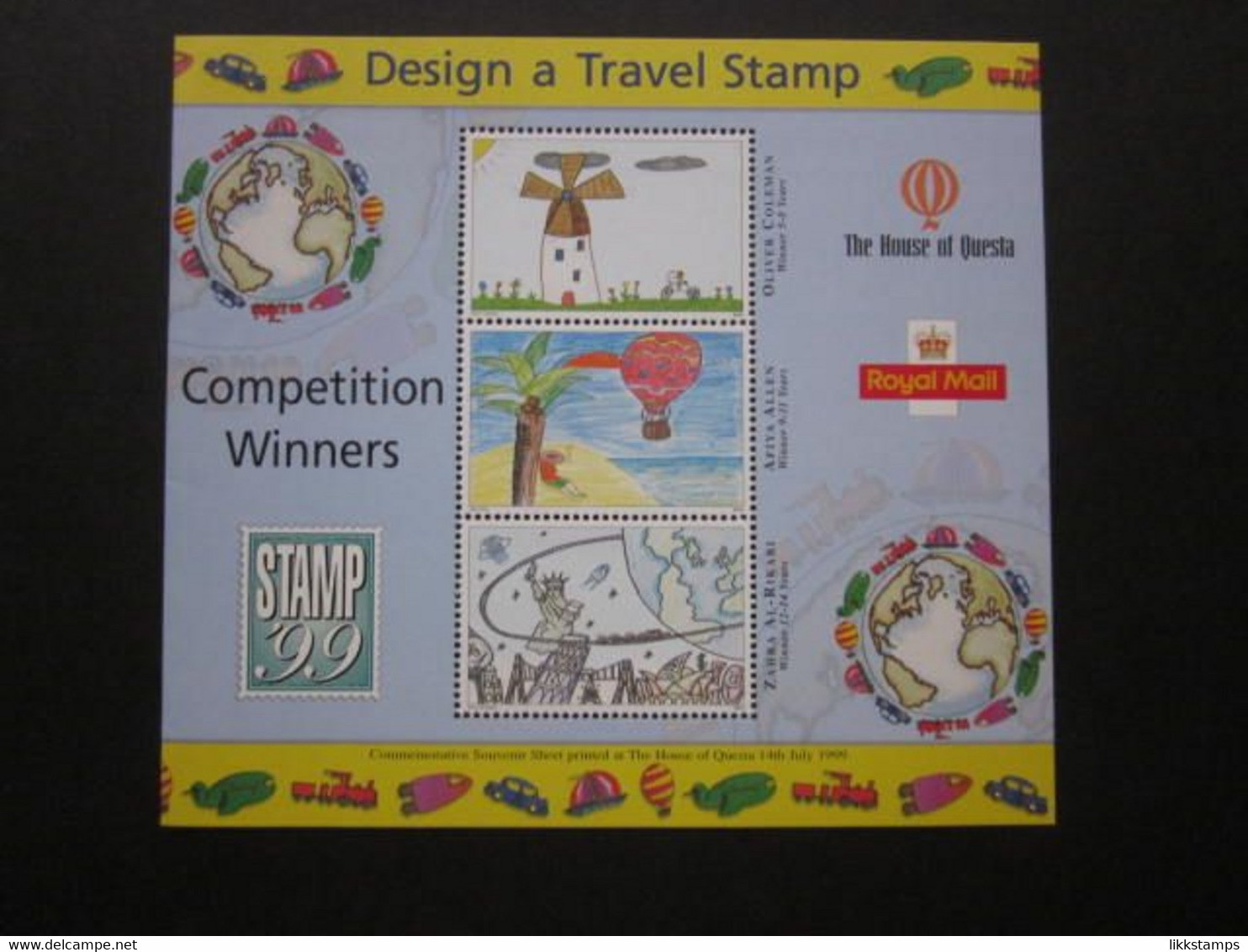 1999 THE ROYAL MAIL/THE HOUSE OF QUESTA DESIGN A TRAVEL STAMP COMPETITION SOUVENIR SHEET. ( 02095 ) - Cinderella