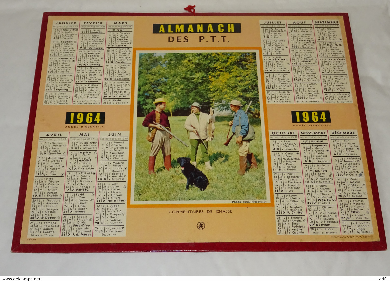 1964 ANNEE BISSEXTILE CALENDRIER ALMANACH DES PTT, COMMENTAIRES DE CHASSE, OBERTHUR, ARDENNES 08 - Big : 1961-70