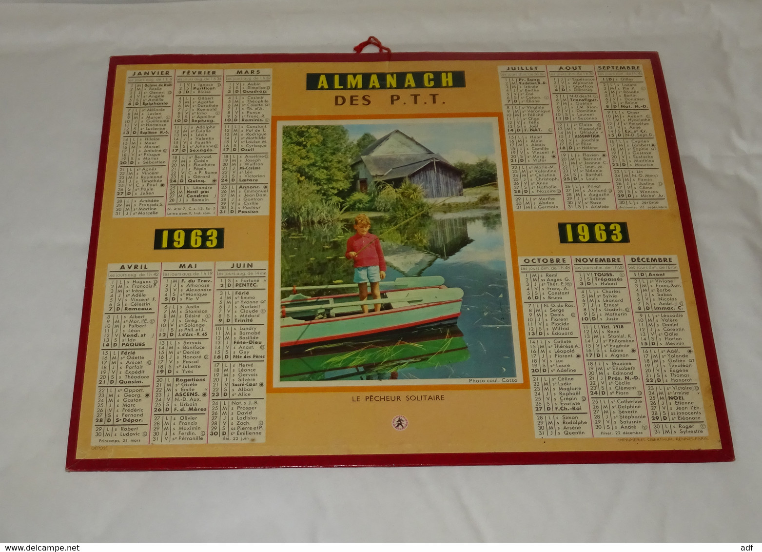 1963 CALENDRIER ALMANACH DES PTT, LE PECHEUR SOLITAIRE, PECHE, OBERTHUR - Grand Format : 1961-70