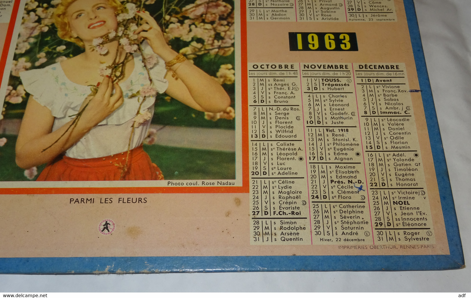 1963 CALENDRIER ALMANACH DES PTT, FEMME PARMI LES FLEURS, OBERTHUR, ARDENNES 08 - Big : 1961-70