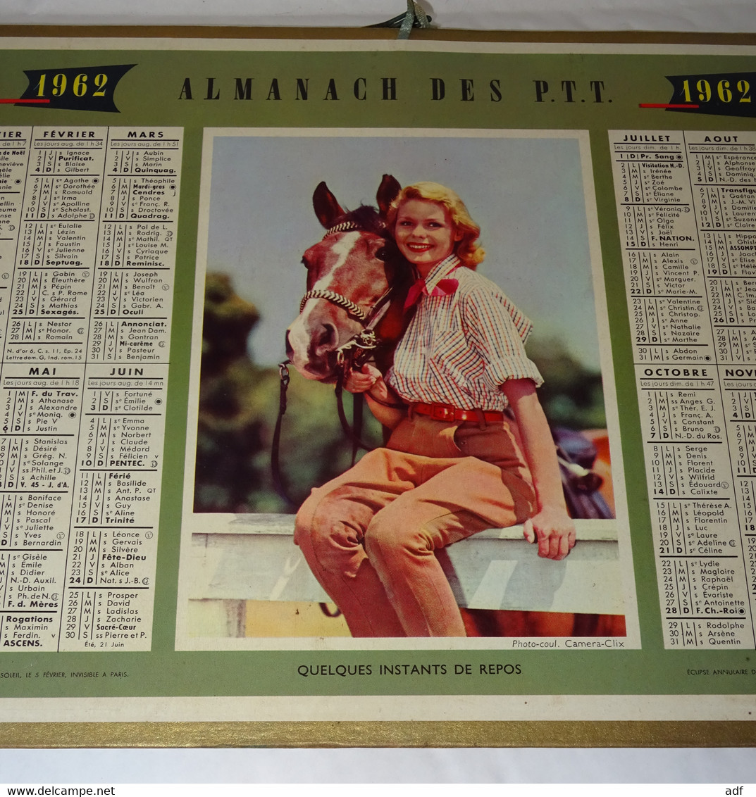 1962 CALENDRIER ALMANACH DES PTT, FEMME ET CHEVAL, QUELQUES INSTANTS DE REPOS, OBERTHUR, ARDENNES 08 - Big : 1961-70