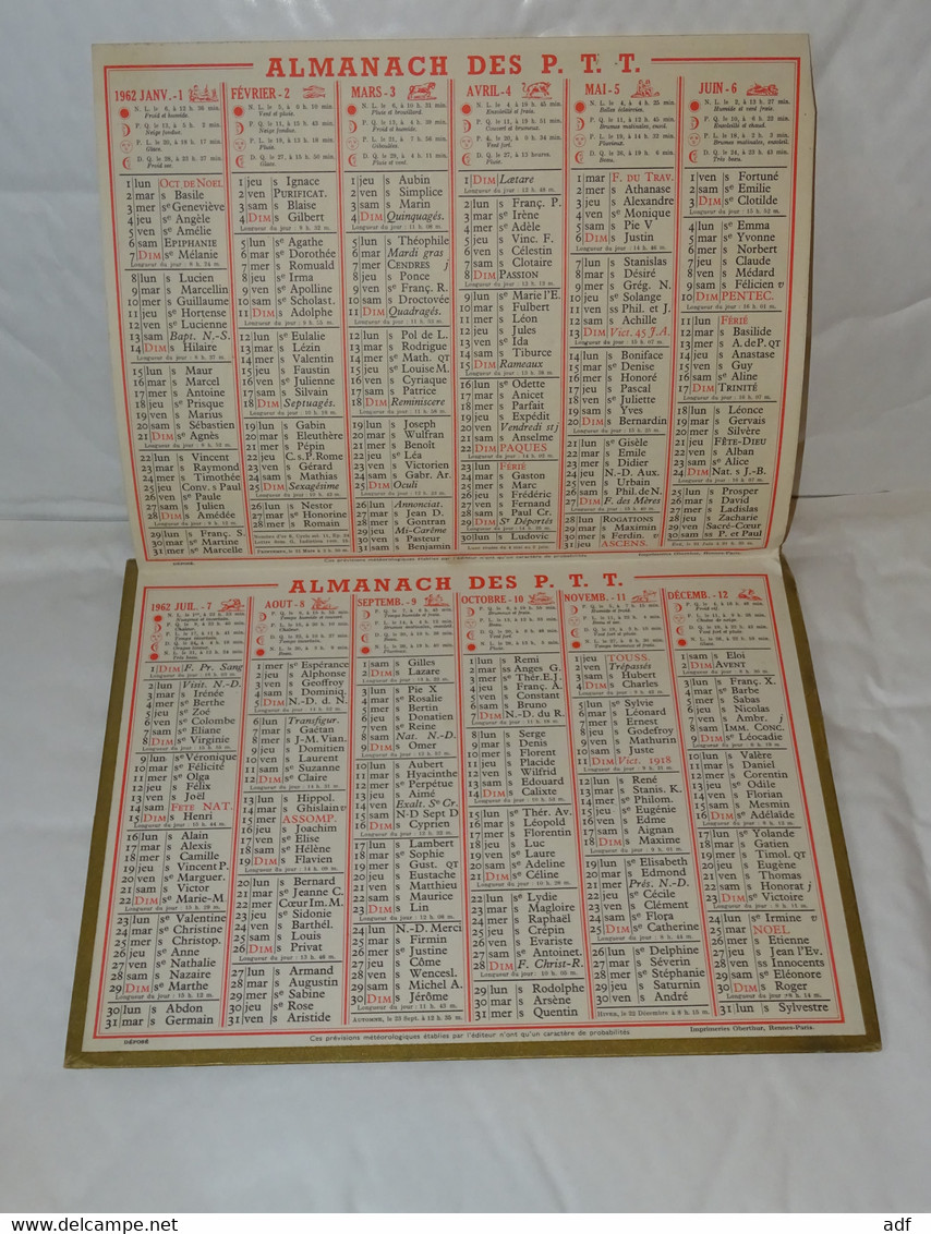 1962 CALENDRIER ALMANACH DES PTT, HORTENSIAS AUX HALLES DE PARIS, OBERTHUR, ARDENNES 08 - Grand Format : 1961-70