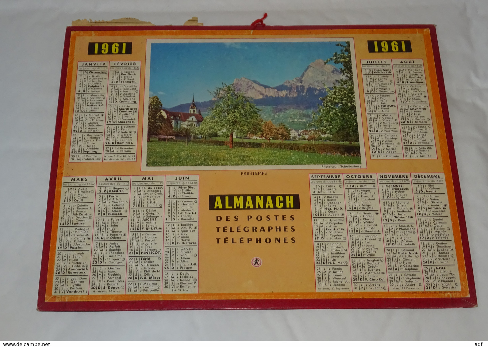 1961 CALENDRIER ALMANACH DES PTT, PRINTEMPS, OBERTHUR - Big : 1961-70