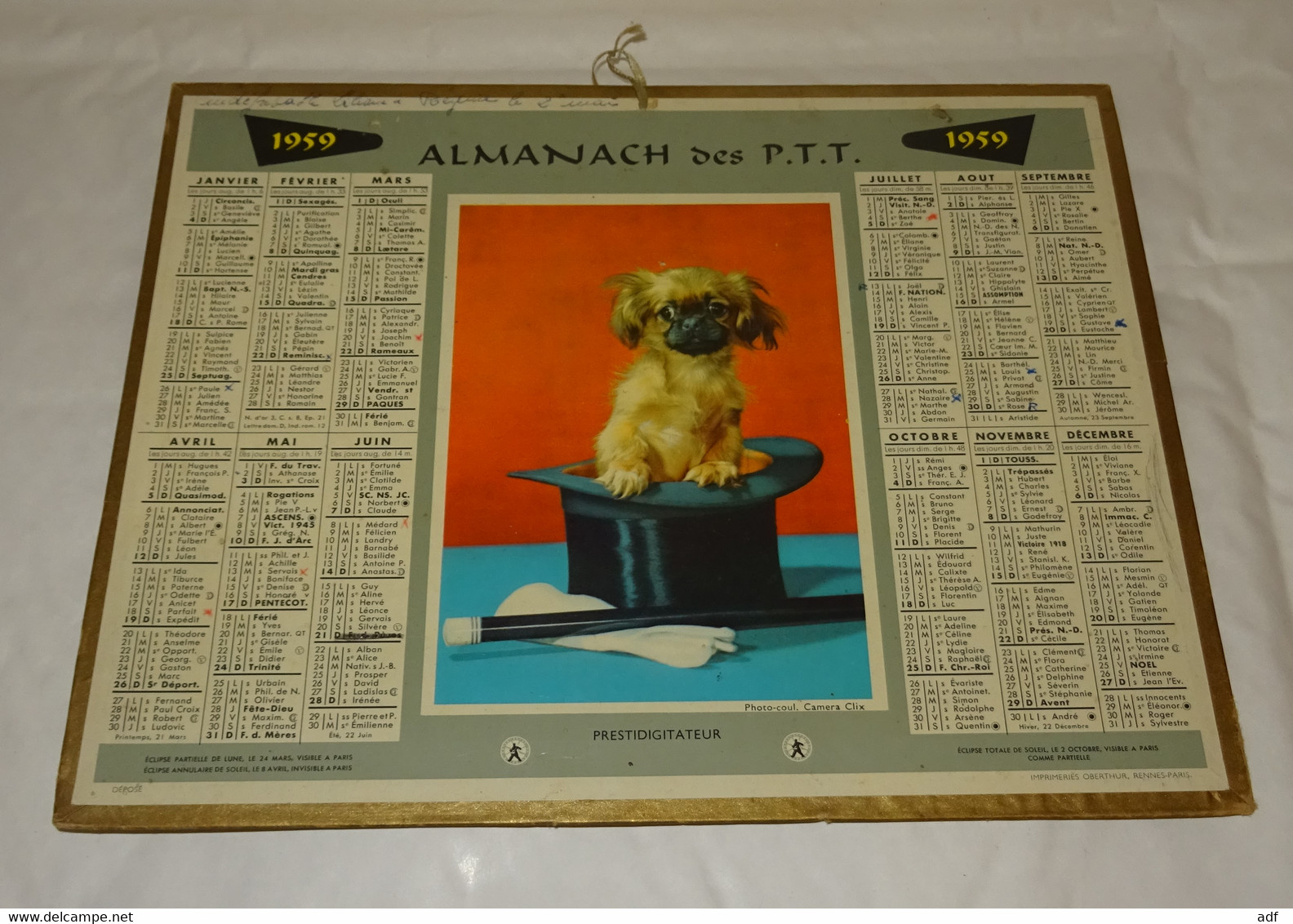 1959 CALENDRIER ALMANACH DES PTT, PRESTIDIGITATEUR, CHIEN DANS CHAPEAU DE MAGICIEN, OBERTHUR, MARNE 51 - Groot Formaat: 1941-60