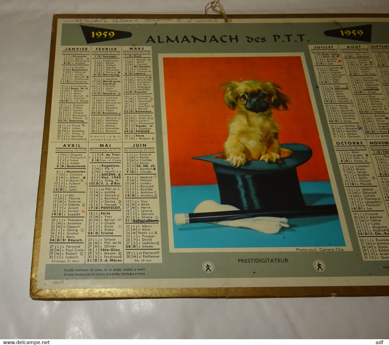 1959 CALENDRIER ALMANACH DES PTT, PRESTIDIGITATEUR, CHIEN DANS CHAPEAU DE MAGICIEN, OBERTHUR, MARNE 51 - Grand Format : 1941-60