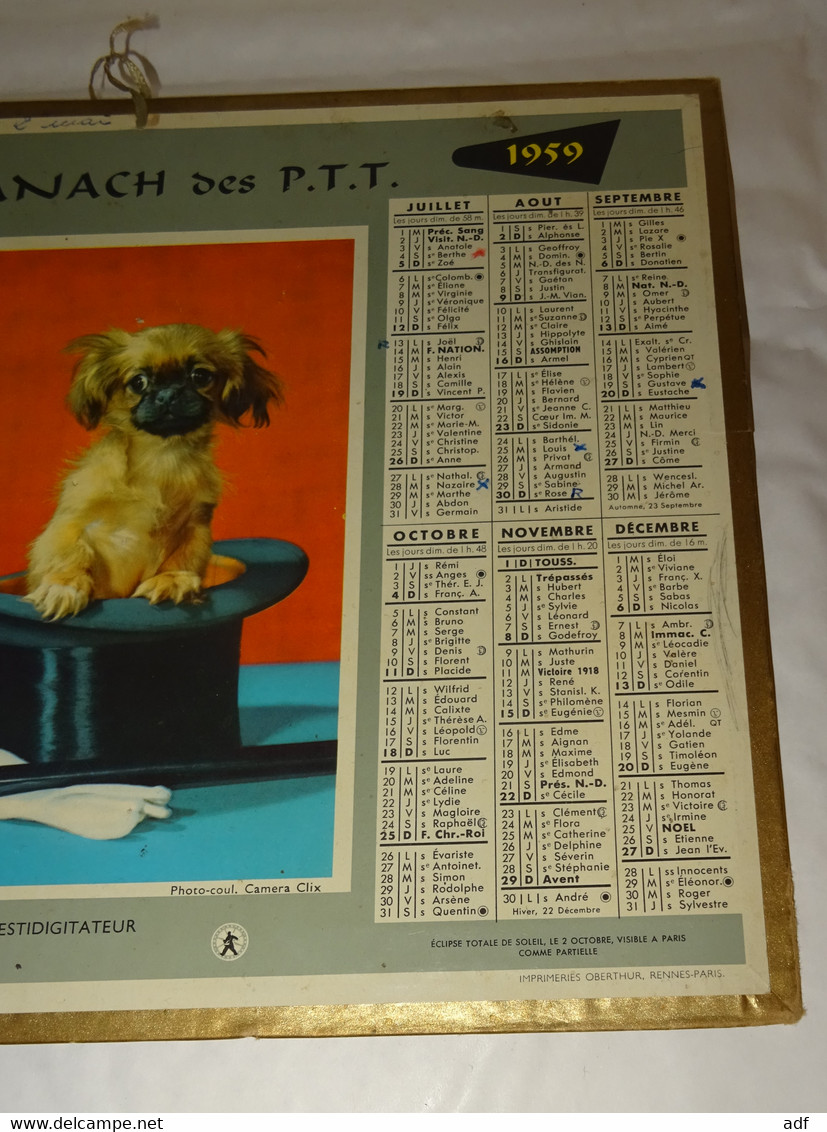 1959 CALENDRIER ALMANACH DES PTT, PRESTIDIGITATEUR, CHIEN DANS CHAPEAU DE MAGICIEN, OBERTHUR, MARNE 51 - Groot Formaat: 1941-60