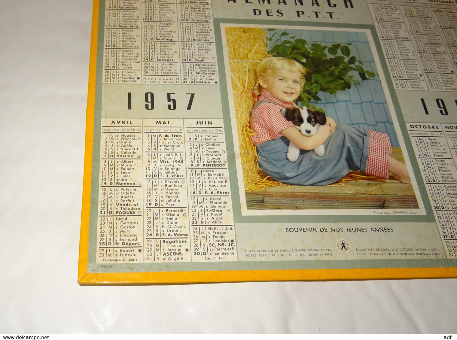 1957 CALENDRIER ALMANACH DES PTT, SOUVENIR DE NOS JEUNES ANNEES, FILLETTE ET CHIOT, OBERTHUR, MEUSE 55 - Grand Format : 1941-60