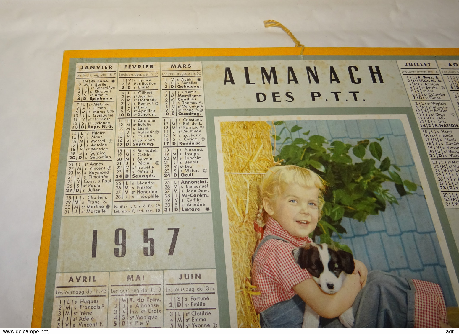 1957 CALENDRIER ALMANACH DES PTT, SOUVENIR DE NOS JEUNES ANNEES, FILLETTE ET CHIOT, OBERTHUR, MEUSE 55 - Grossformat : 1941-60