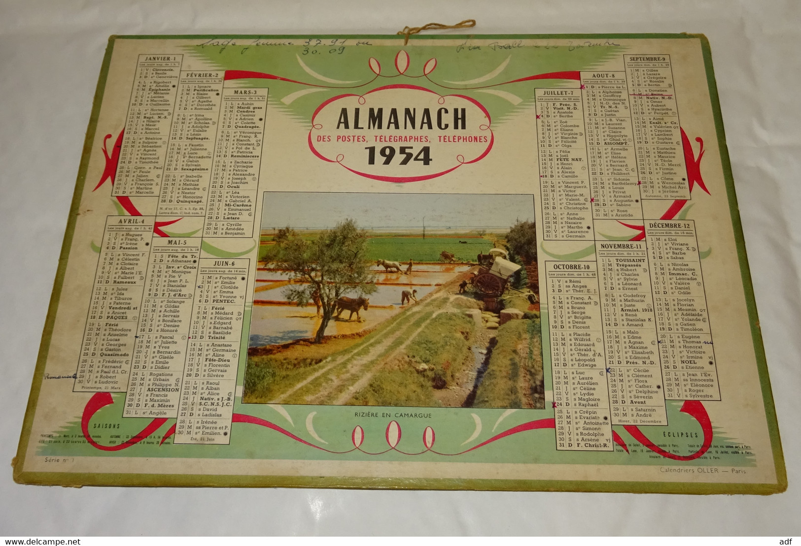 1954 CALENDRIER ALMANACH DES PTT, RIZIERE EN CAMARGUE, OLLER, ARDENNES 08 - Grossformat : 1941-60