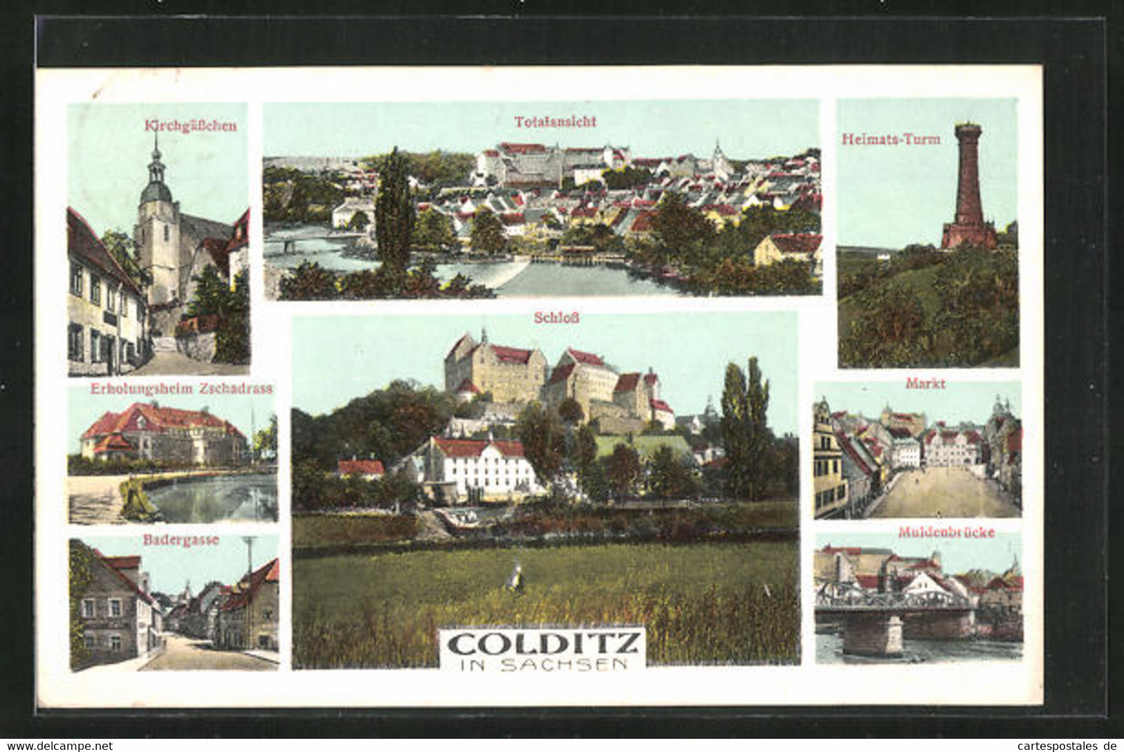 AK Colditz / Sachsen, Erholungsheim Zschadrass, Badergasse, Kirchgässchen, Heimatsturm - Colditz